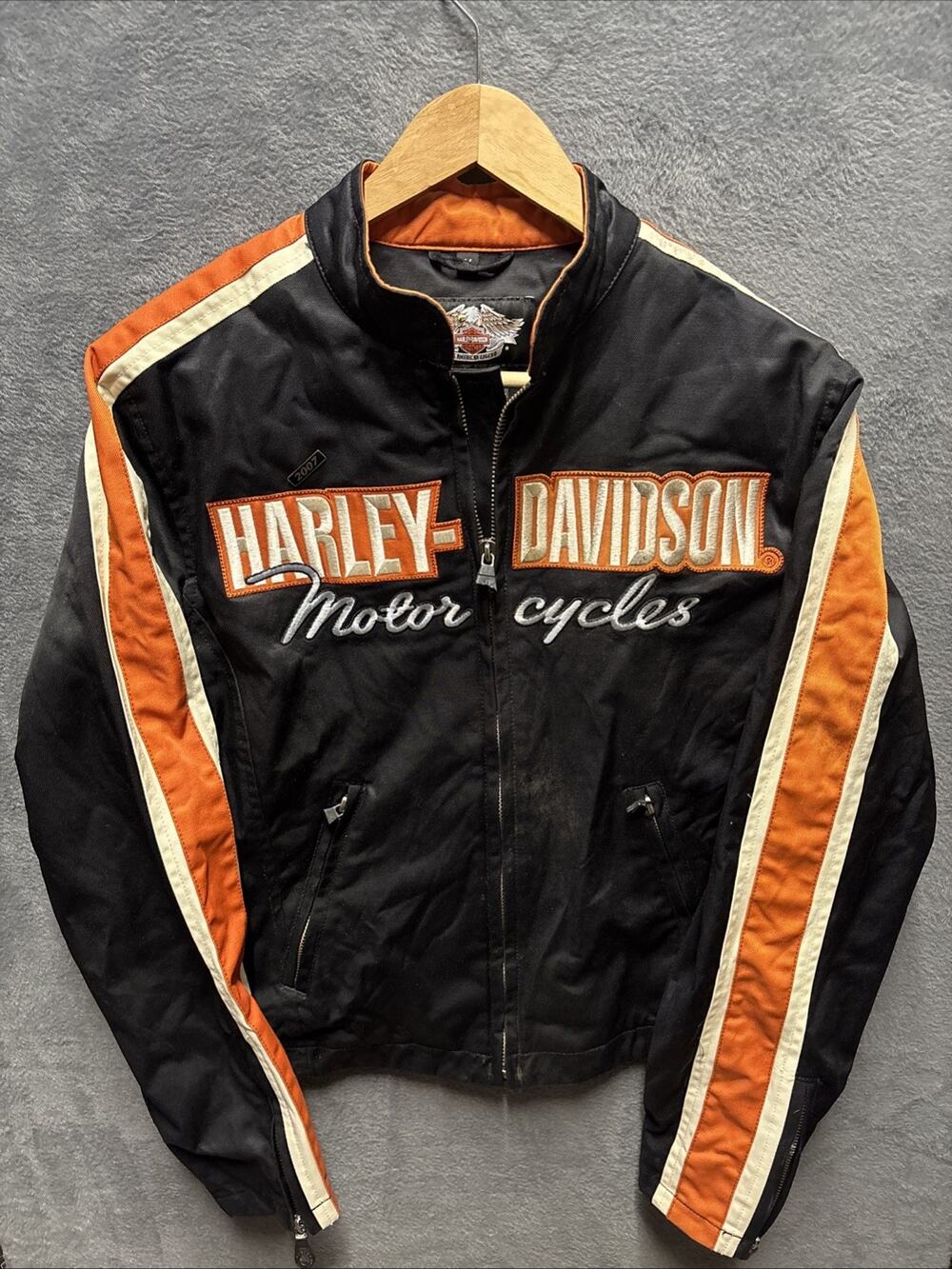 Vintage Harley Davidson Riding Jacket Women’s Medium Black & Orange Zip Up
